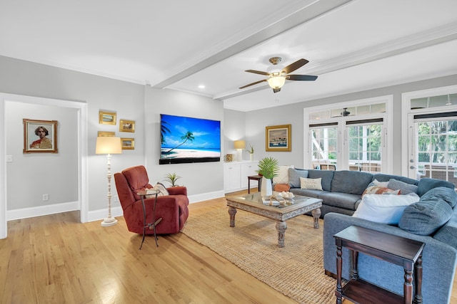 living room featuring light wood-style flooring, beam ceiling, a ceiling fan, recessed lighting, and baseboards