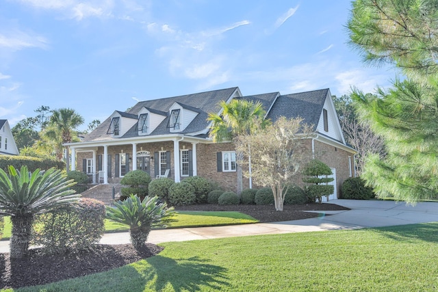 cape cod-style house featuring brick siding, a front yard, concrete driveway, and a porch
