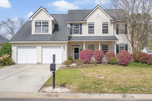 view of front facade featuring a front lawn, a porch, concrete driveway, a shingled roof, and a garage