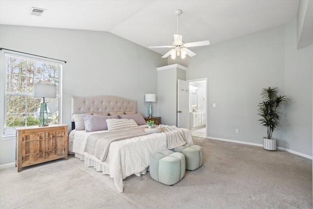 bedroom with visible vents, ceiling fan, baseboards, lofted ceiling, and light carpet