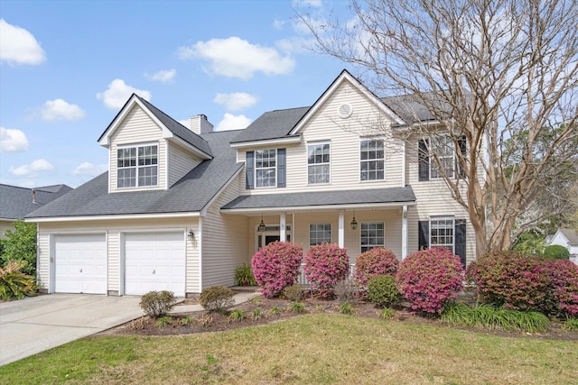 view of front of home featuring a front lawn, a porch, roof with shingles, a chimney, and driveway