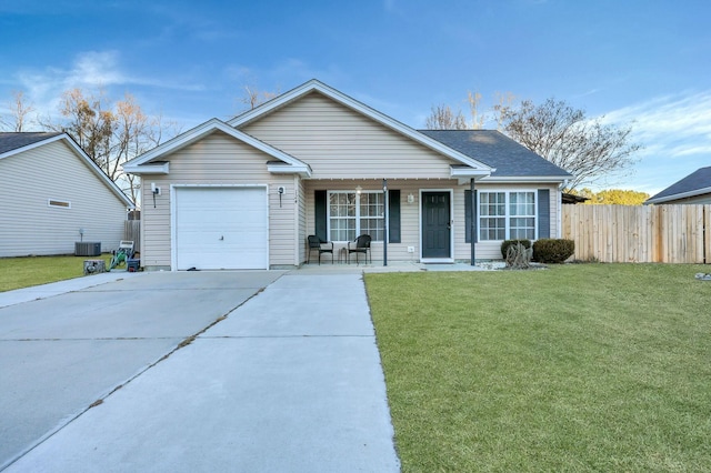 single story home with a front lawn, a garage, cooling unit, and covered porch