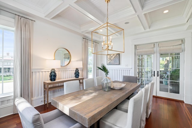 dining room with crown molding, dark hardwood / wood-style flooring, beamed ceiling, and coffered ceiling