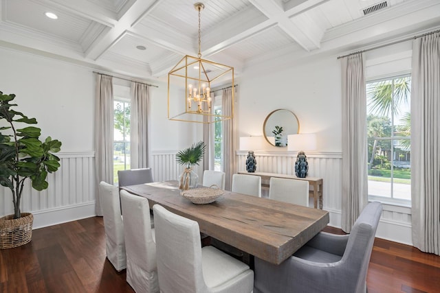 dining area with a wealth of natural light, beamed ceiling, and coffered ceiling