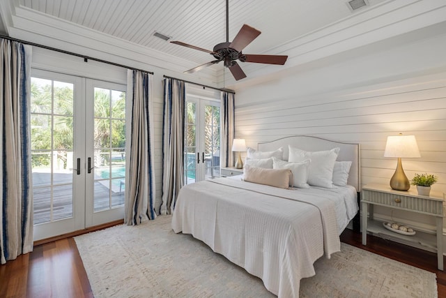 bedroom featuring french doors, access to outside, ceiling fan, and hardwood / wood-style floors