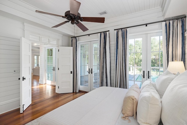 bedroom featuring access to exterior, french doors, dark hardwood / wood-style flooring, wood ceiling, and ceiling fan