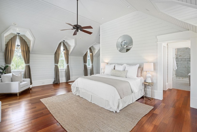 bedroom with ceiling fan, lofted ceiling, and dark wood-type flooring