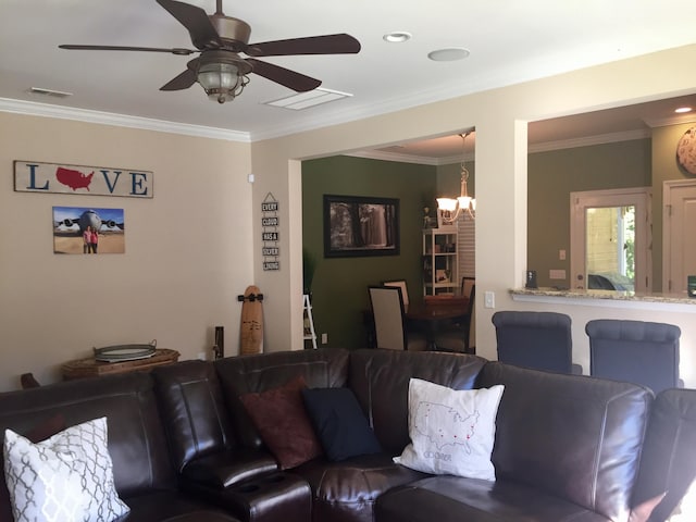 1720 Restoration Ct, Charleston, SC 29414 - living area with a chandelier, ornamental molding, and a ceiling fan