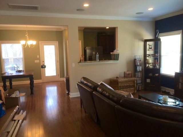 1720 Restoration Ct, Charleston, SC 29414 - living area with a chandelier, crown molding, dark wood finished floors, and recessed lighting