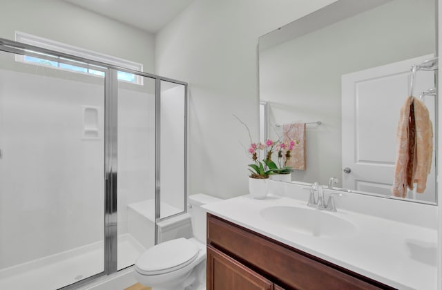 bathroom with vanity, toilet, and a shower with shower door