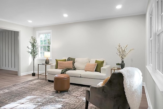 living room featuring hardwood / wood-style floors and crown molding