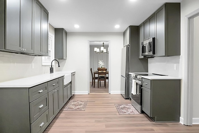 kitchen featuring stainless steel appliances, sink, gray cabinetry, and light hardwood / wood-style floors