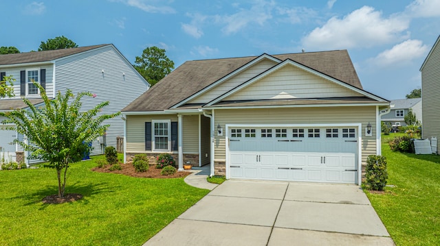 craftsman-style house featuring a garage and a front lawn