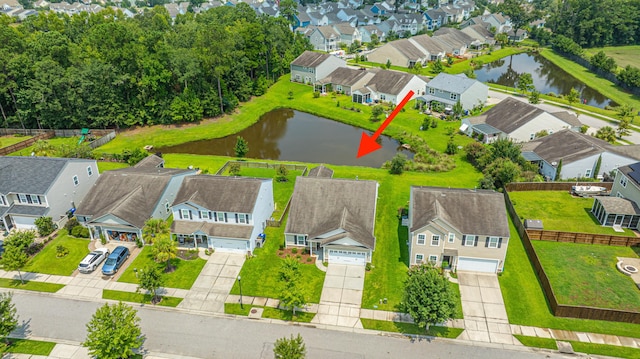 drone / aerial view featuring a water view