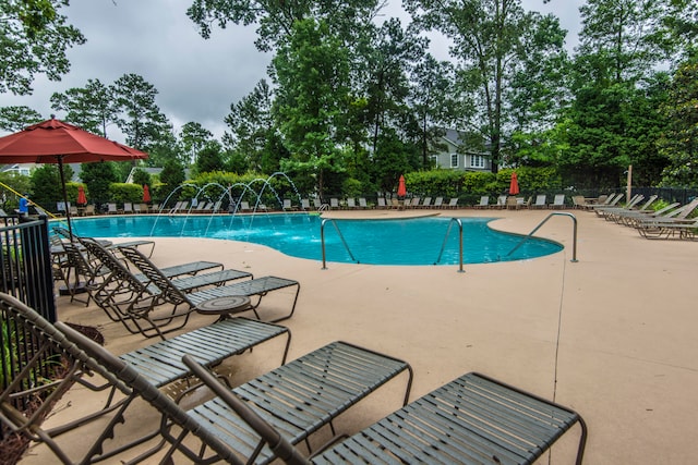 view of pool with pool water feature and a patio area