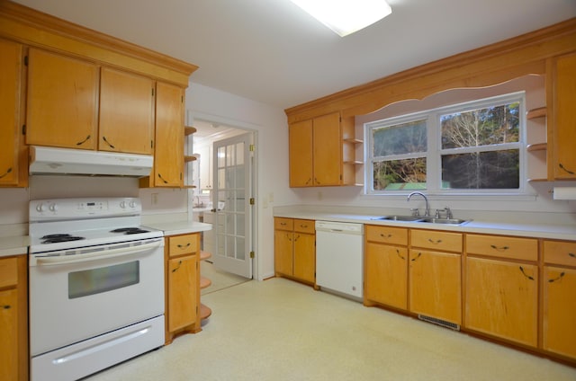 kitchen with open shelves, a sink, light countertops, under cabinet range hood, and white appliances
