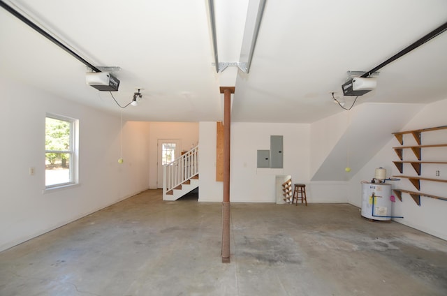 garage with a garage door opener, water heater, and electric panel