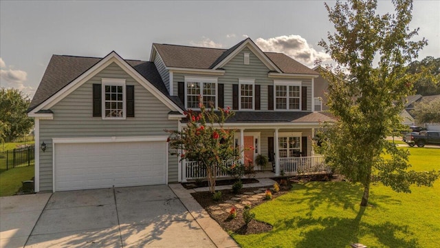 144 Back Tee Cir, Summerville, SC 29485 - traditional-style home featuring covered porch, concrete driveway, fence, a front lawn, and a garage