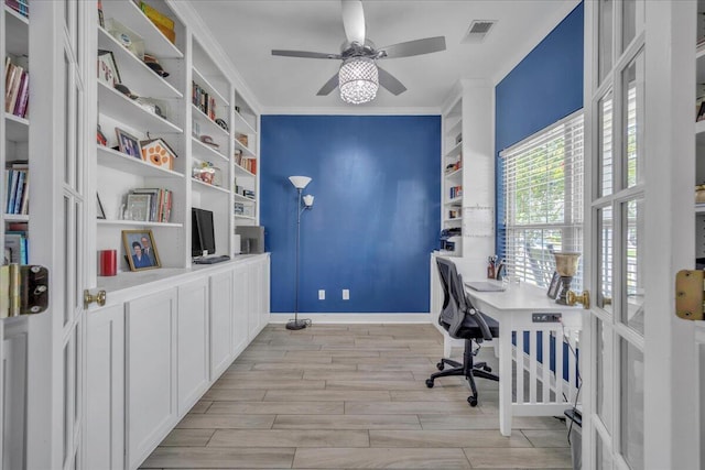 144 Back Tee Cir, Summerville, SC 29485 - office featuring wood finish floors, ornamental molding, baseboards, ceiling fan, and visible vents