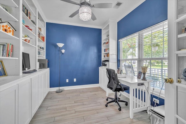 144 Back Tee Cir, Summerville, SC 29485 - office space featuring light wood-style flooring, visible vents, crown molding, baseboards, and ceiling fan