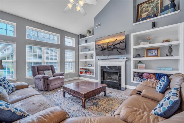144 Back Tee Cir, Summerville, SC 29485 - living area featuring visible vents, a high end fireplace, baseboards, ceiling fan, and built in features