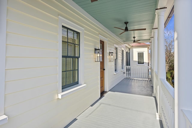 view of patio / terrace with a porch and ceiling fan