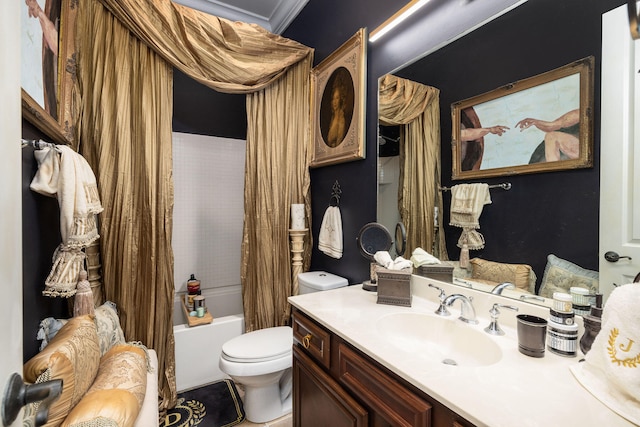 full bathroom with ornamental molding, shower / bath combo, vanity, and toilet