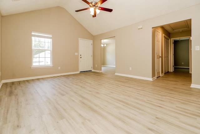 258 Trickle Dr, Summerville, SC 29483 - spare room featuring ceiling fan, attic access, light wood finished floors, lofted ceiling, and baseboards