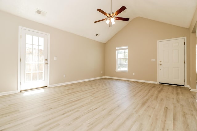 258 Trickle Dr, Summerville, SC 29483 - unfurnished living room featuring ceiling fan, vaulted ceiling, light wood-style floors, and baseboards