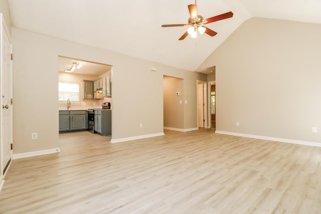 258 Trickle Dr, Summerville, SC 29483 - unfurnished living room with a sink, a ceiling fan, light wood finished floors, baseboards, and high vaulted ceiling