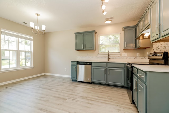 258 Trickle Dr, Summerville, SC 29483 - kitchen featuring appliances with stainless steel finishes, a sink, light wood finished floors, and a chandelier