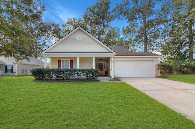 view of front of house featuring a garage, a porch, and a front yard