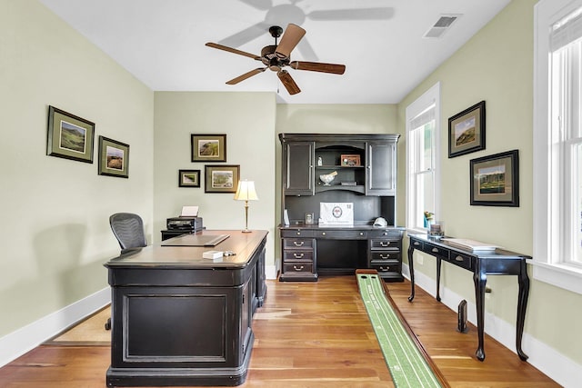 home office with ceiling fan, a healthy amount of sunlight, and light hardwood / wood-style flooring