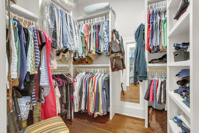 walk in closet with hardwood / wood-style floors