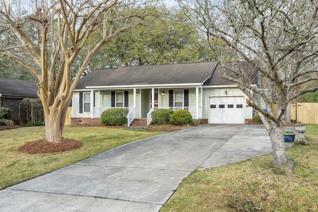 ranch-style house with a shingled roof, a front lawn, a porch, concrete driveway, and a garage