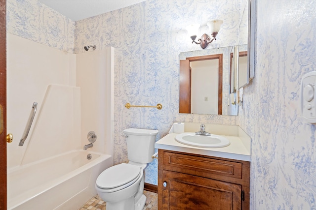 full bathroom featuring wallpapered walls, bathing tub / shower combination, toilet, and vanity