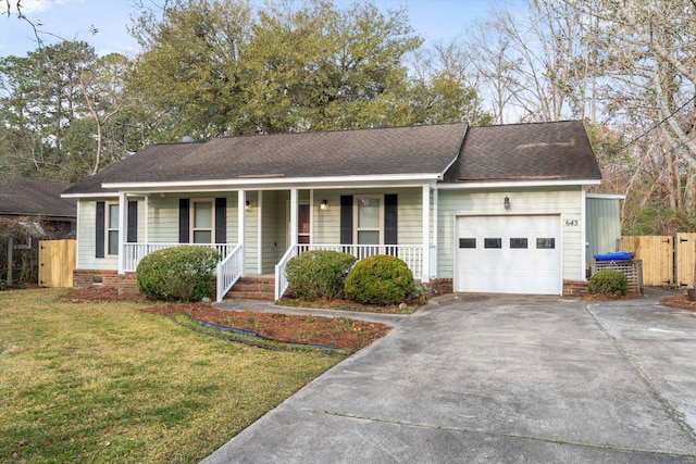 single story home with a front lawn, roof with shingles, covered porch, concrete driveway, and an attached garage