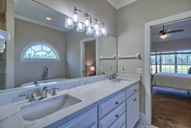 bathroom with ceiling fan, vanity, and crown molding