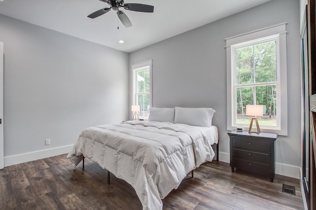 105 Bobcat Ln, Ravenel, SC 29470 - bedroom featuring baseboards, dark wood-style floors, recessed lighting, and a ceiling fan
