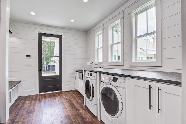 105 Bobcat Ln, Ravenel, SC 29470 - laundry room with washer and dryer, cabinet space, dark wood-style flooring, recessed lighting, and wood walls