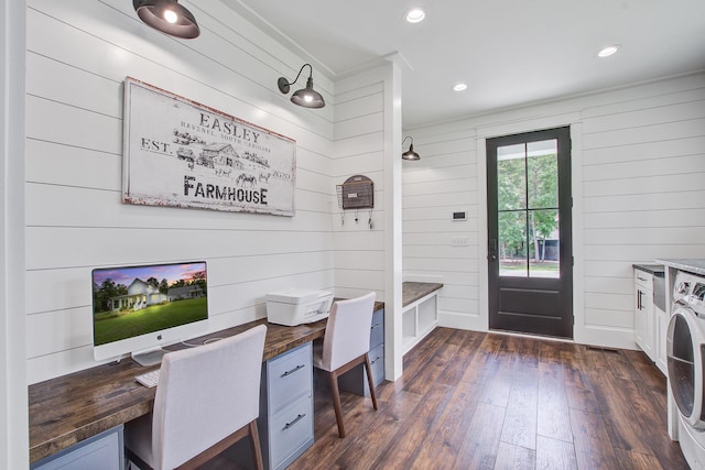 105 Bobcat Ln, Ravenel, SC 29470 - home office with dark wood-style flooring, wooden walls, recessed lighting, and washer / clothes dryer