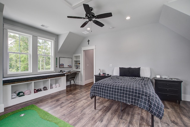 105 Bobcat Ln, Ravenel, SC 29470 - bedroom with wood finished floors, baseboards, vaulted ceiling, recessed lighting, and a ceiling fan