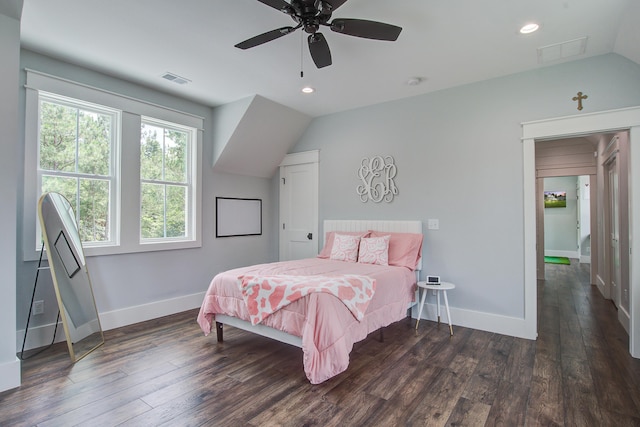 105 Bobcat Ln, Ravenel, SC 29470 - bedroom with baseboards, vaulted ceiling, dark wood-style flooring, recessed lighting, and ceiling fan