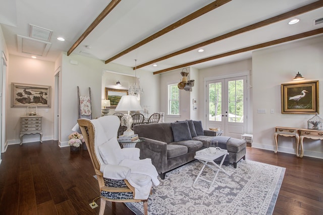 105 Bobcat Ln, Ravenel, SC 29470 - living room featuring attic access, baseboards, dark wood-type flooring, beam ceiling, and french doors