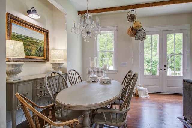 105 Bobcat Ln, Ravenel, SC 29470 - dining room featuring french doors, wood finished floors, beam ceiling, and a chandelier