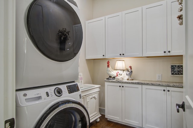 105 Bobcat Ln, Ravenel, SC 29470 - laundry area with cabinet space, stacked washer / drying machine, and dark wood-style floors