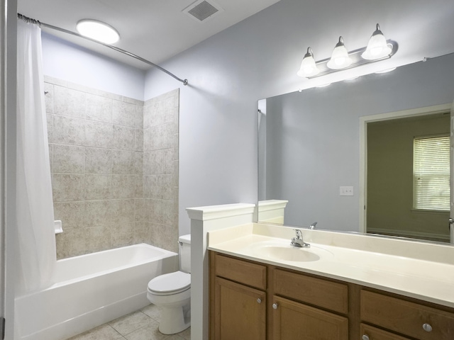 bathroom featuring shower / tub combo, toilet, visible vents, tile patterned floors, and vanity