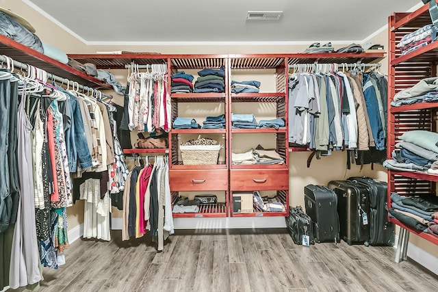 spacious closet featuring wood finished floors and visible vents