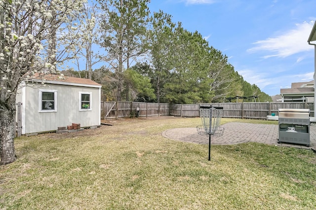 view of yard with a patio area, an outbuilding, and a fenced backyard