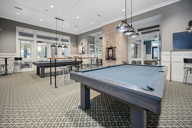 recreation room with crown molding, pool table, and carpet flooring